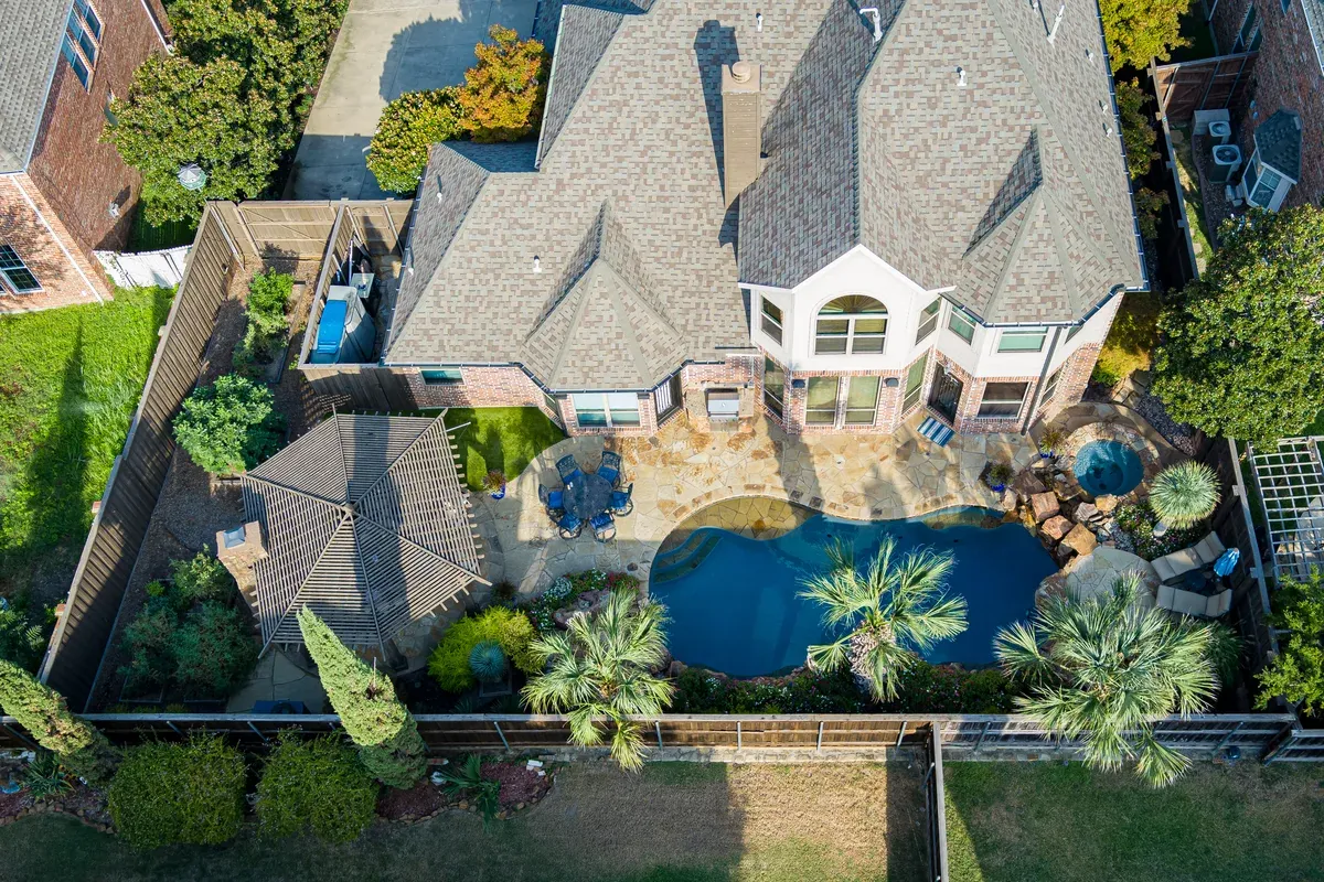 Aerial view of custom Stewart Lawncare landscape design